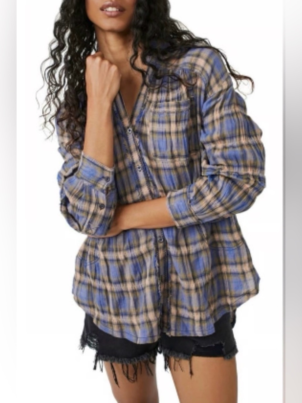 Free People One of the Boys Plaid Tunic Shirt in a blue and tan plaid Size Large